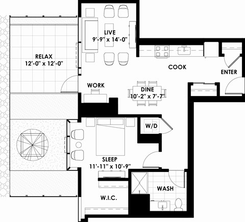 Floor plan for 1 bed, 1 bath, 787 sqft